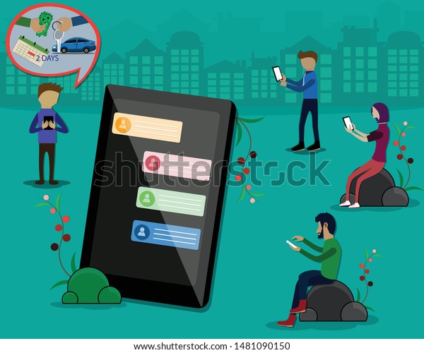 A man was asking in chat group about\
renting a car for 2 days - vector Illustration\
\
Vector;\
Technology; Innovation; Finance; sharing\
economy