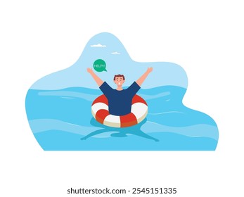 Um homem está pedindo ajuda no mar usando um pneu, saindo mais longe para o mar. Design de caracteres. Ilustração em plano vetorial