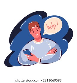 Man asking for help while holding a smartphone and looking worried. Emergency, support and communication scene shows a man asking for help, hand drawn vector illustration.