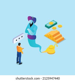 Man asking money from a genie isometric 3d flat vector illustration concept for banner, website, landing page, ads, flyer template, etc