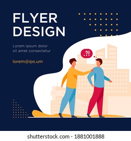 Man asking question other man in park. Problem, confusion. Flat vector illustration. Talk and search service concept can be used for presentations, banner, website design, landing web page