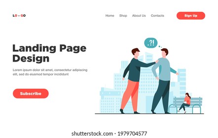 Man asking question other man in park. Problem, confusion. Flat vector illustration. Talk and search service concept can be used for presentations, banner, website design, landing web page