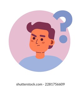 Man asking question semi flat color vector character avatar. Editable icon for user profile. Round badge with person on white. Simple cartoon style spot illustration for web graphic design, animation