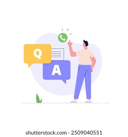 Man asking question in support chat. Customer finding answer. Concept of customer guide, support chat, faq, questions and answers. Vector illustration flat design for banner, landing page template