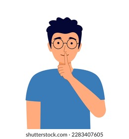 Man asking silent please. Be quiet. Guy mouth shut in flat design on white background.