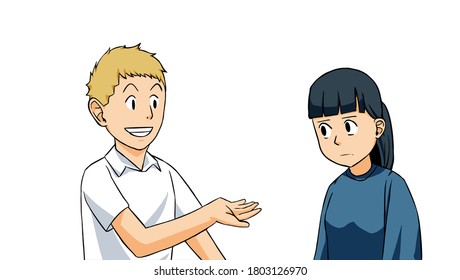 A man is asking for something from a woman