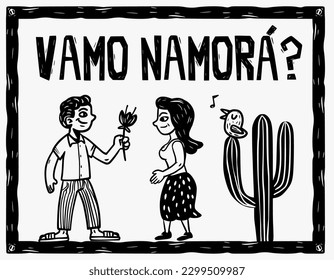 Hombre preguntando a una mujer hasta la fecha. Día de San Valentín. Obra de arte estilo Woodcut