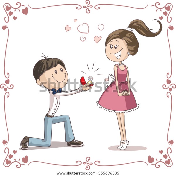 女性に結婚を求める男性の漫画イラスト 恋人に婚約指輪を贈るボーイフレンドのベクター画像 のベクター画像素材 ロイヤリティフリー