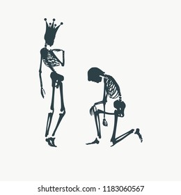Man asking woman wearing crown to marry him. Cartoon illustration. Silhouettes of two skeletons