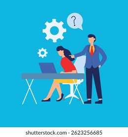 Homem perguntando à mulher enquanto ela trabalha no laptop, adequado para comunicação, trabalho em equipe, colaboração no escritório, parceria de negócios, conceitos de discussão de trabalho.