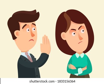 A man asks for forgiveness from his girlfriend, wants to make peace. The displeased and unhappy woman turned her back on him. Vector illustration, flat design, cartoon style, isolated.