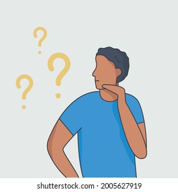 Man asks many questions. Hard choice, i do not know what to do. Profile face. Guy has comparison, ratio, choice, contrast, hopeless. Vector illustration on white background.
