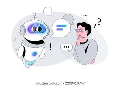 A Man asks a Question to Artificial Intelligence Bot. Chatbot in the form of a cute Robot answers questions. Ai and human characters. Using and chatting messanger. Neural network conversation assistan