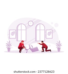 A man asks a repairer to help assemble a chair in his new house. Mortgage Process concept. Trend Modern vector flat illustration