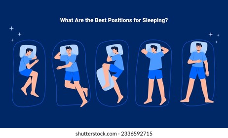 A man is asleep in bed. Variations of different sleeping positions. Top view. Vector flat modern illustration for banners.