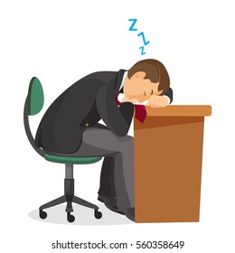 Man asleep at the desk side view. Young man sleeping on his working place. Exhausted student resting. Stressed overworked depressed male sleeps at table. Vector illustration in realistic design