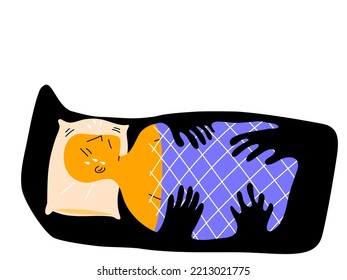 Un hombre está dormido y tiene pesadilla y parálisis del sueño. Concepto de parálisis del sueño, ilustración vectorial plana.