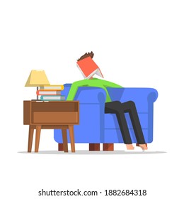 a man asleep on the couch while reading a book