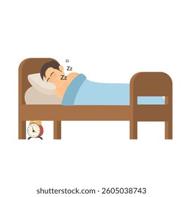 Man is asleep. Man snores in bed, vector illustration