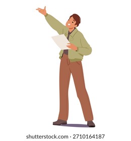Hombre aspirante a actor leyendo diligentemente el guión y encarnando su papel aislado en blanco. Personaje de dibujos animados masculino dedicado a la formación de actuación, el arte del rendimiento y la dedicación a la Ilustración vectorial artesanal