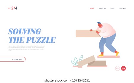 Man Assemble Puzzle Website Landing Page. Male Character Playing Intellectual Strategic Board Game Put Wooden Block Pieces on Each Other to Build Tower Web Page Banner Cartoon Flat Vector Illustration