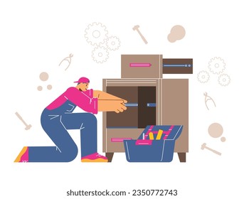 Man assembling furniture, flat vector illustration isolated on white background. Professional furniture assembling service. Handyman with tool box installing dresser.