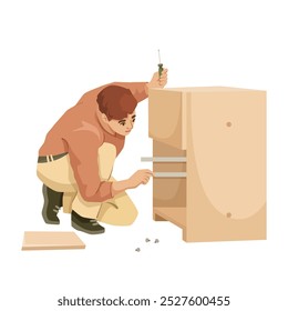 Hombre montando muebles en casa para el proyecto de bricolaje. Ilustración vectorial