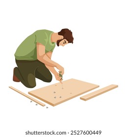 Man assembling furniture at home. Vector illustration