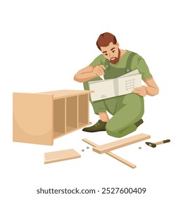 Homem montando móveis com manual de instruções. Ilustração vetorial