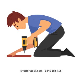 Man Assembling and Installing New Furniture, Male Worker Drilling Screw in Wooden Board, Manual Furniture Assembly Vector Illustration
