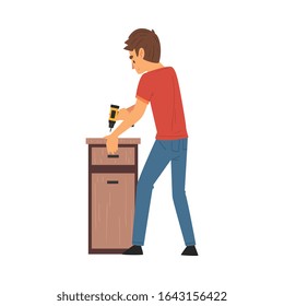 Man Assembling and Installing New Furniture, Male Worker Drilling Screw in Wooden Nightstand, Manual Furniture Assembly Vector Illustration
