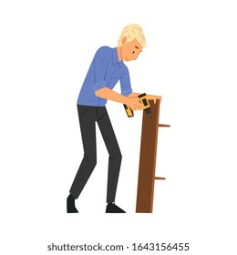 Man Assembling and Installing New Furniture with Drill, Manual Furniture Assembly Vector Illustration