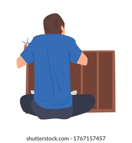Man Assembling and Installing New Furniture, Home Renovation, Male Construction Worker Character with Professional Equipment Vector Illustration