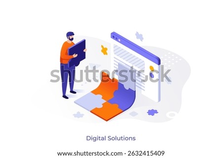 Man assembling jigsaw puzzle piece into web browser. Concept of digital solution, software development or business problem solving. Vector isometric illustration.