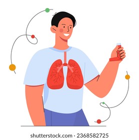 Hombre con el concepto de asma. Joven con enfermedad en los pulmones. Anatomía y biología. Persona con inhalador. Salud, diagnóstico y tratamiento. Dibujo vectorial plano de dibujos animados
