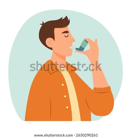 Man with asthma using an inhaler, asthma spray in his hand. World asthma day. Bronchial asthma. Allergy, asthmatic. Inhalation drug. Vector cartoon flat illustration.