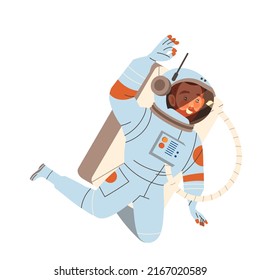 Man Astronaut Character in Outer Space in Spacesuit Flying in the Air Showing Ok Gesture Vector Illustration