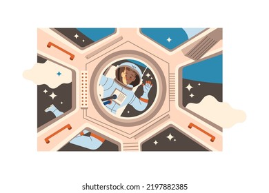 Man Astronautenzeichen im Weltraum im Weltraum mit Blick auf die Porthole der Shuttle-Vektorgrafik