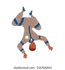 Man Astronaut Character in Space Flying Upside Down in the Air Vector Illustration
