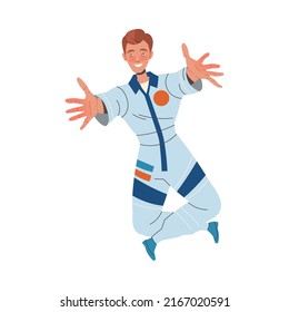 Man Astronaut Character in Space Flying in the Air with Outstretched Arms Vector Illustration