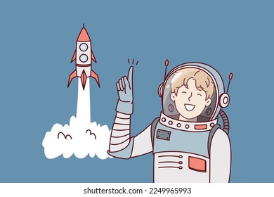 Man in astronaut clothes points finger up standing near spaceship taking off. Guy in spacesuit is member of space expedition to study decolonization of planets in galaxy. Flat vector design 