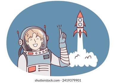 Man in astronaut clothes points finger up standing near spaceship taking off. Guy in spacesuit is member of space expedition to study decolonization of planets in galaxy. Flat vector design
