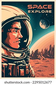 Man astronaut colorful vintage flyer in spacesuit stands on surface of mars during exploration mission vector illustration