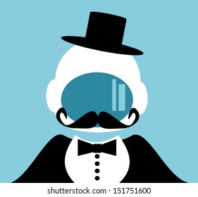 man with astronaut helmet and mustache wearing top hat