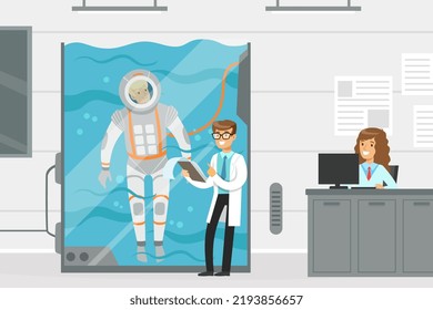 Hombre astronauta se prepara para el vuelo espacial que se hunde en la cuenca del agua en la ilustración del vector espacial