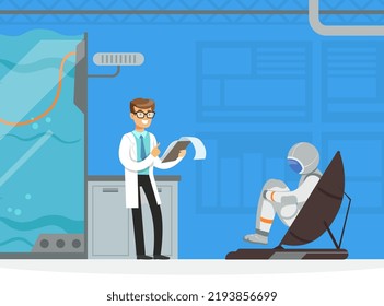 Man Astronaut Preparing for Space Flight on Simulator in Laboratory with Scientist Vector Illustration