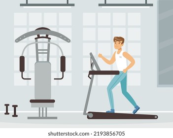 Man Astronaut Running on Treadmill Preparing for Space Flight Vector Illustration