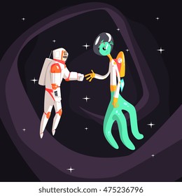 Man Astronaut Shaking Hands With Green Male Alien