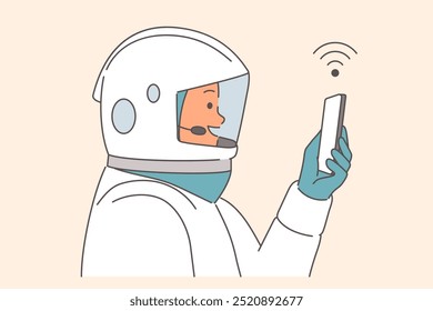 Man astronaut with smartphone explores outer space and takes selfies while traveling into orbit. Astronaut smiles communicating with family via online communication, located on mission on mars.