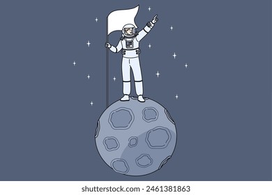 Man astronaut stands on miniature moon in space and holds flag pointing towards endless galaxy. Astronaut guy dressed in spacesuit who was in orbit for first time and went into open cosmos